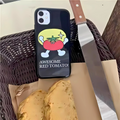 Phone case with tomato design and text 'Awesome Red Tomato' on a table with bread and knife.