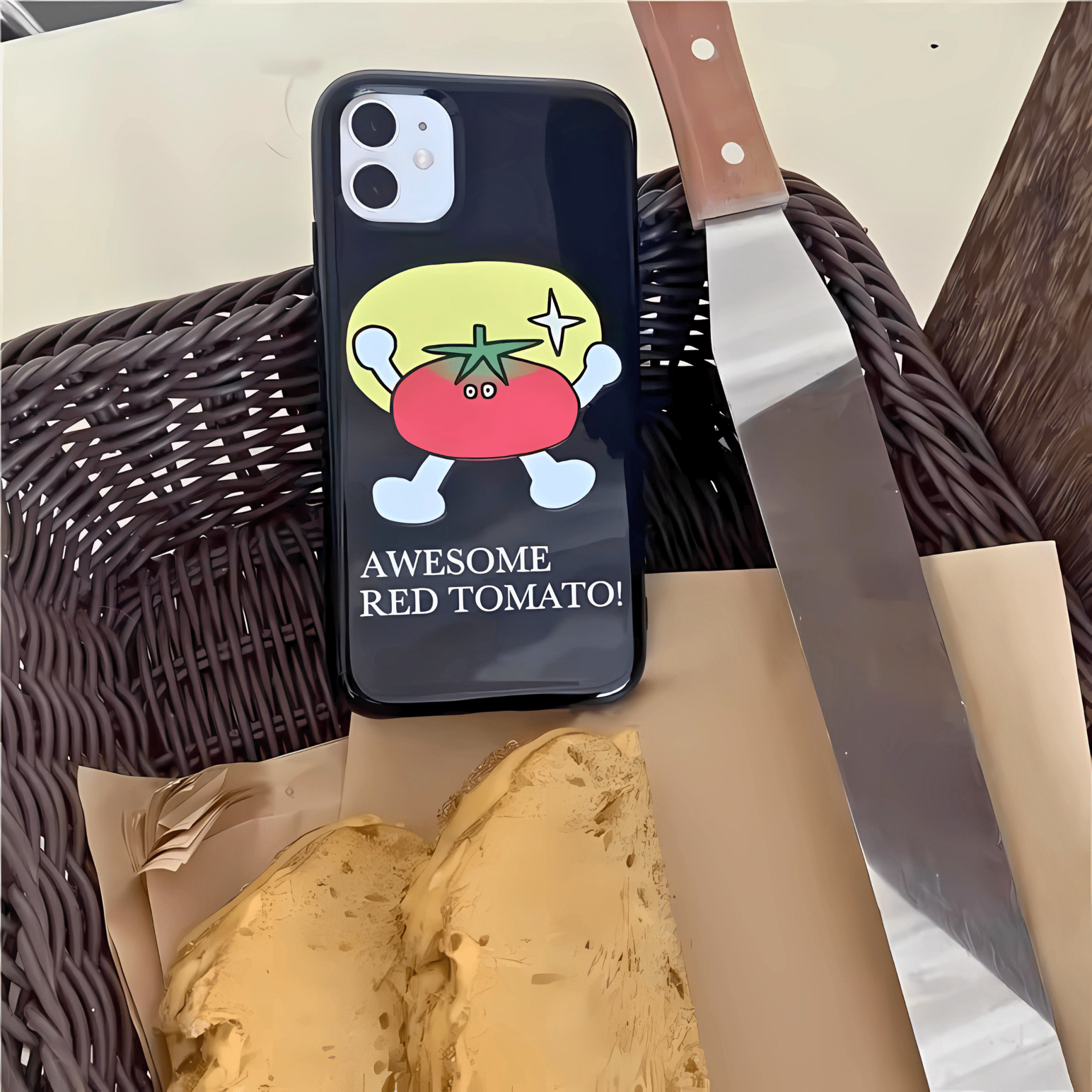 Phone case with tomato design and text 'Awesome Red Tomato' on a table with bread and knife.