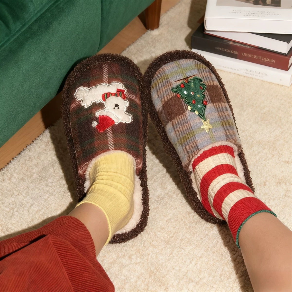 Brown fuzzy Christmas slippers for women worn with striped socks
