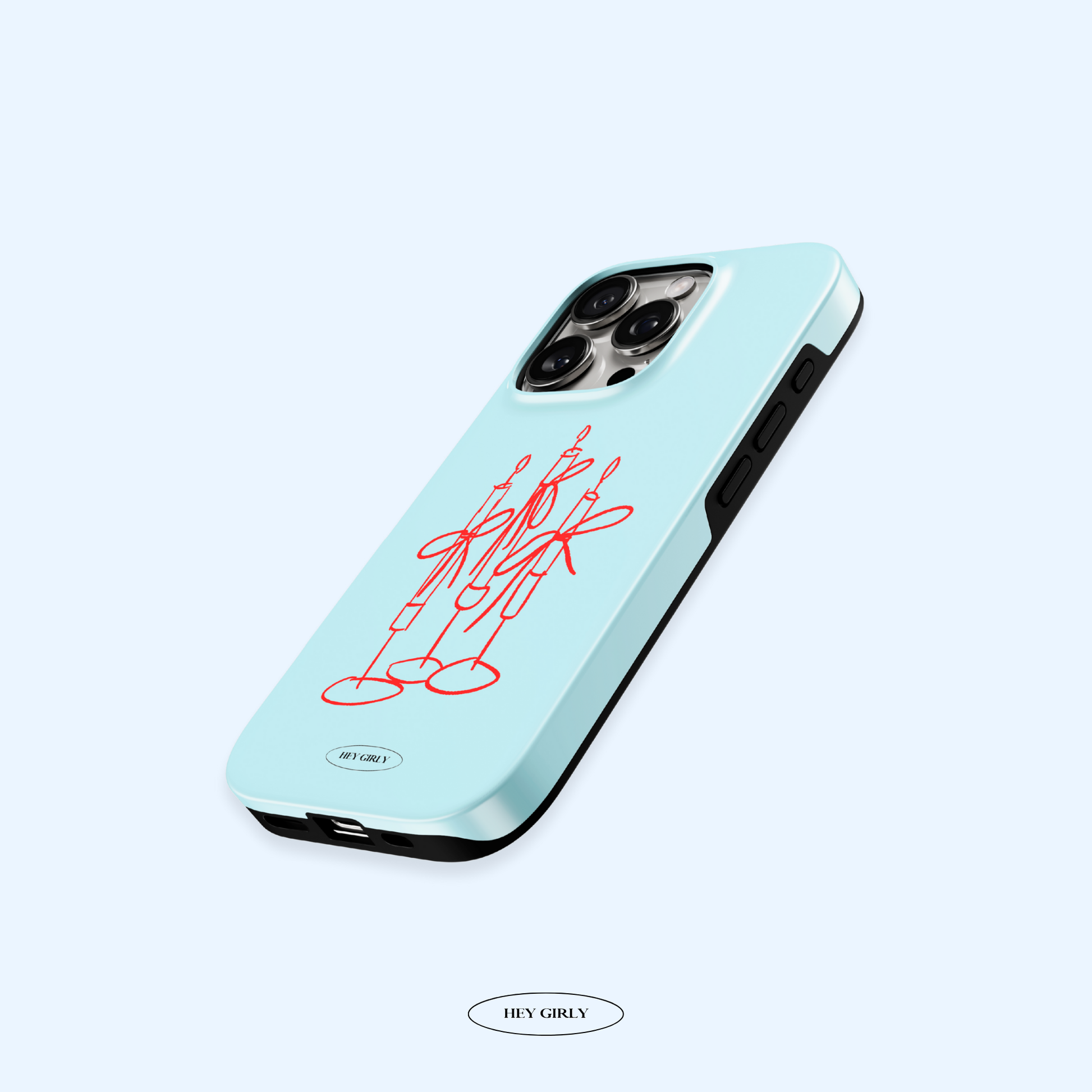 Light blue phone case with red design and 'HEY GIRL' branding on a white background