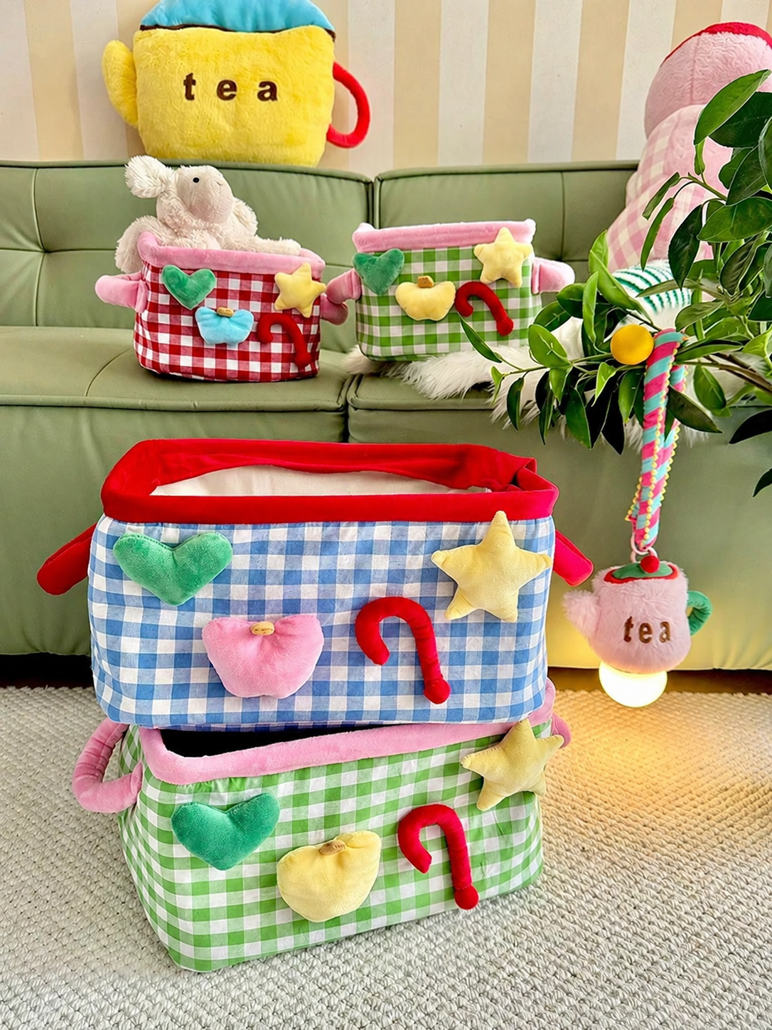 Gingham storage basket collection in blue, green, and red plaid for kawaii room organization