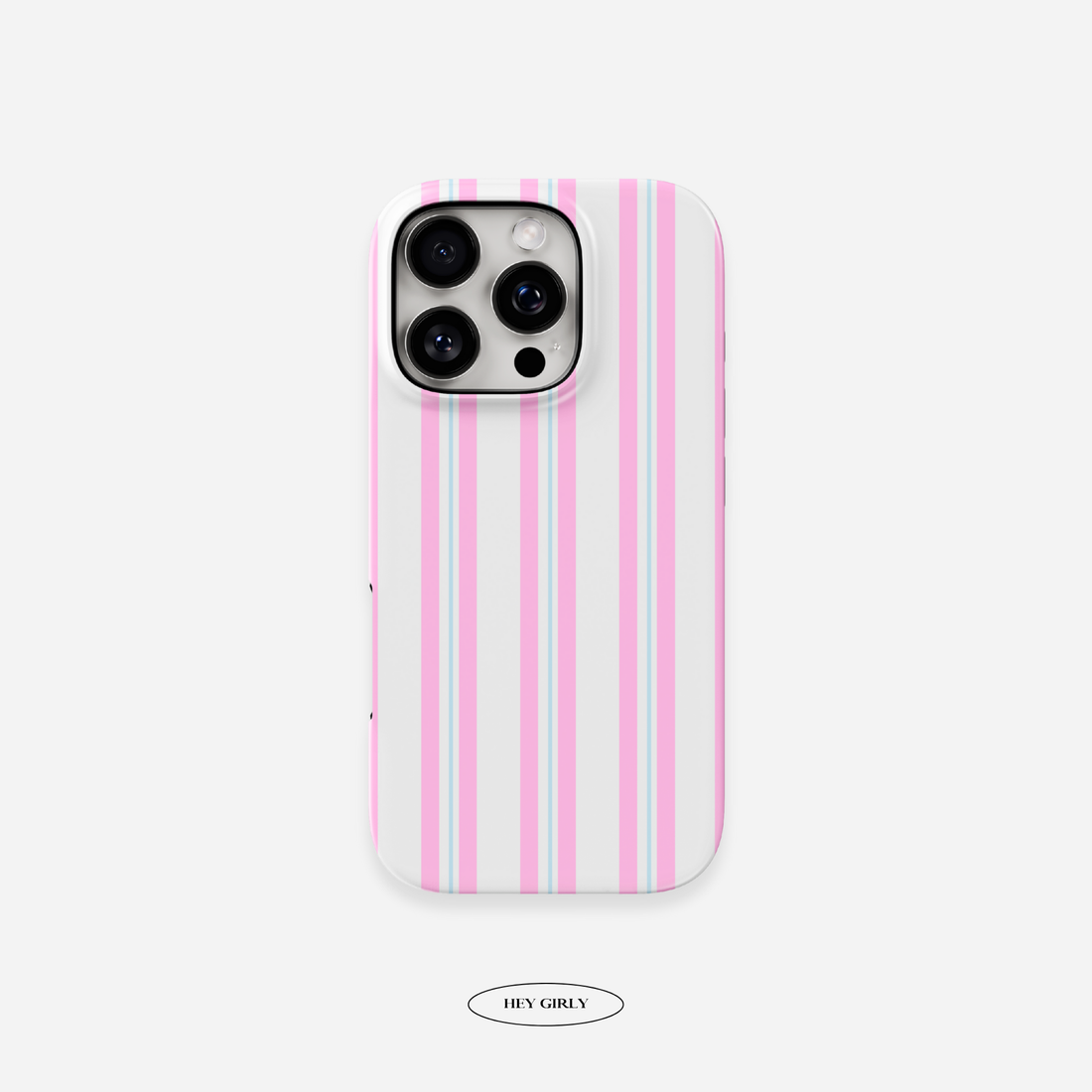 Phone case with pink and white vertical stripes on a light gray background
