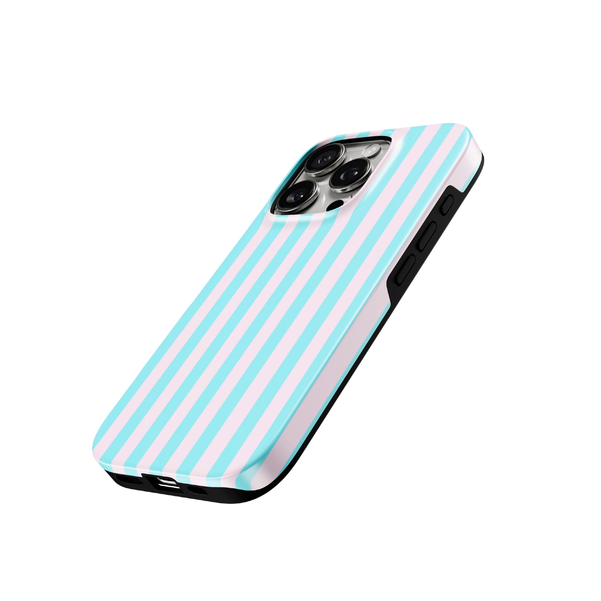 Phone case with blue and white striped pattern on a white background