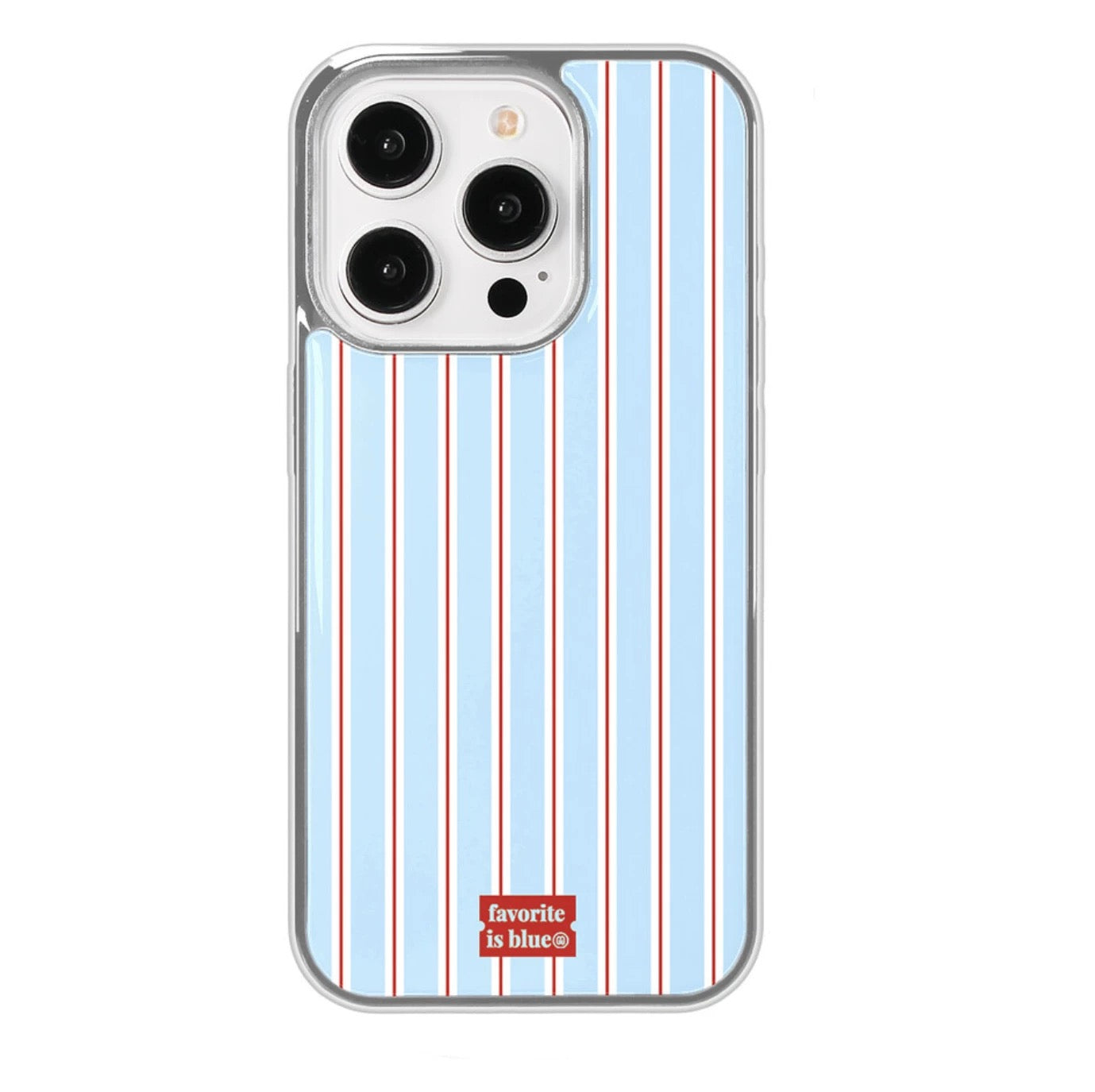 Phone case with blue background and red stripes, featuring a brand logo.
