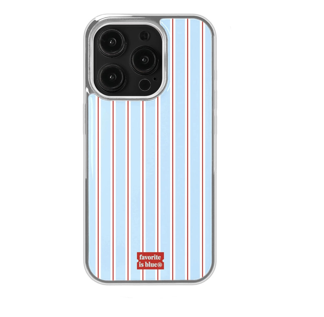 Phone case with blue background and red stripes, featuring a brand logo.