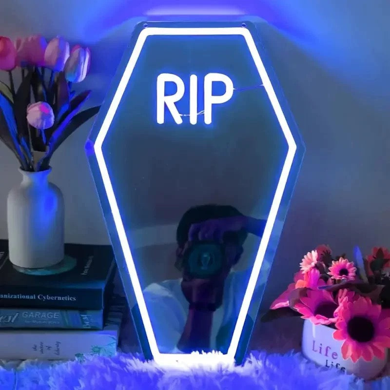 Purple RIP coffin neon sign for Halloween and everyday goth decor