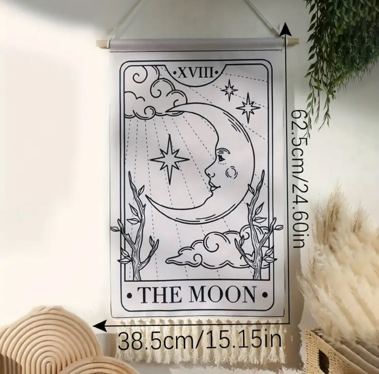 Black fabric tarot tapestry glowing in natural sunlight, enhancing moody room aesthetics.
