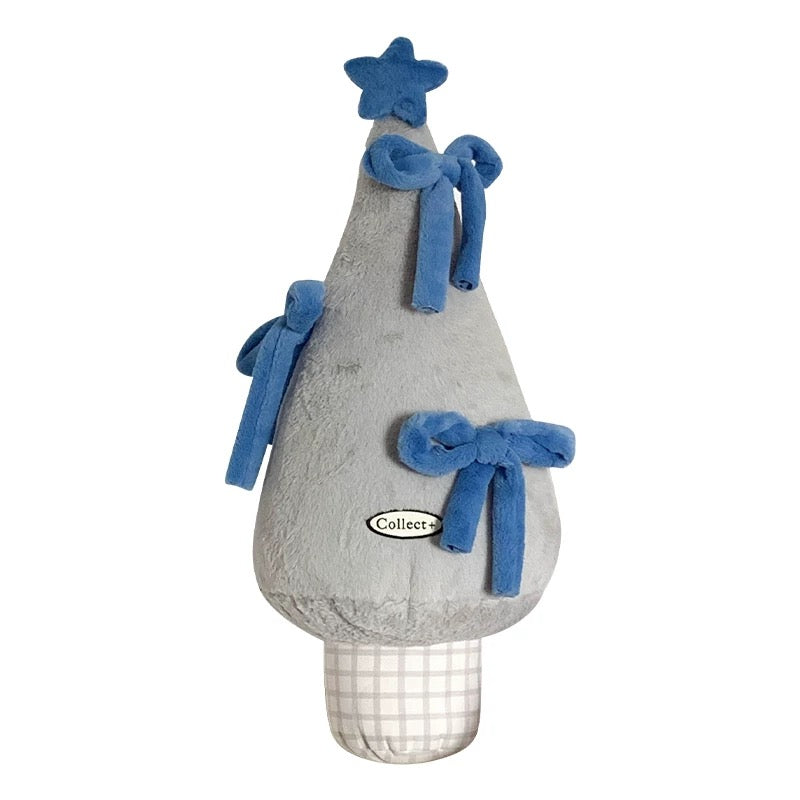 Gray Christmas tree pillow with blue plush bows and pale checked base