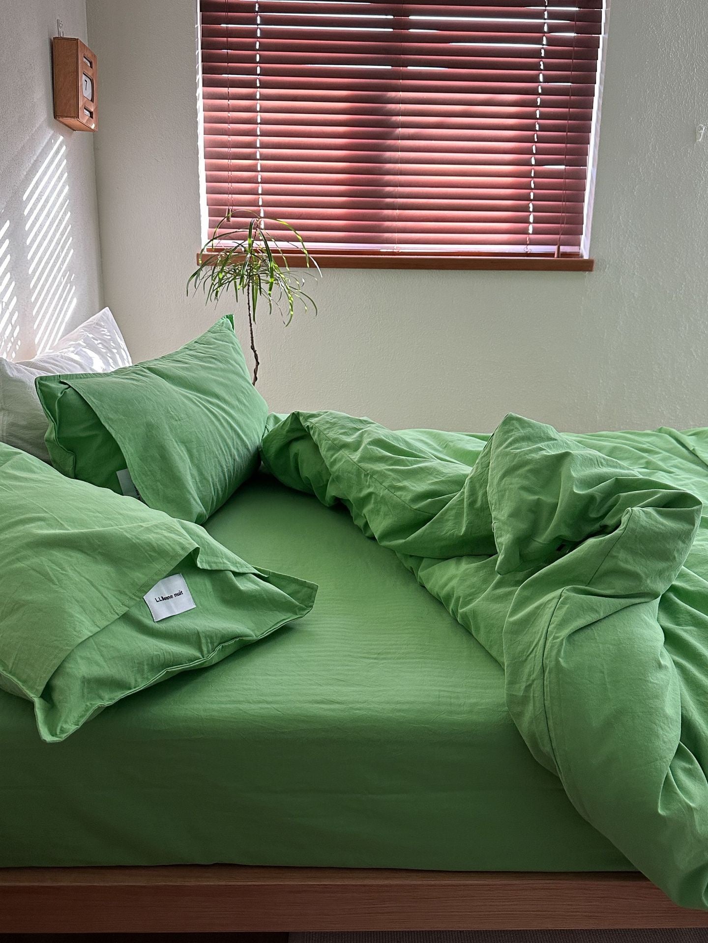 Green bedding set with matching pillowcases on a bed in a bedroom setting, with a window and blinds in the background.