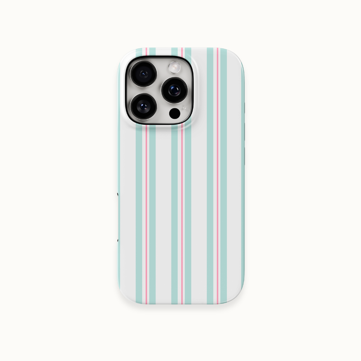 A phone case with a vertical stripe pattern in mint green, light blue, and pink on a white background, shown on a light off-white studio background.