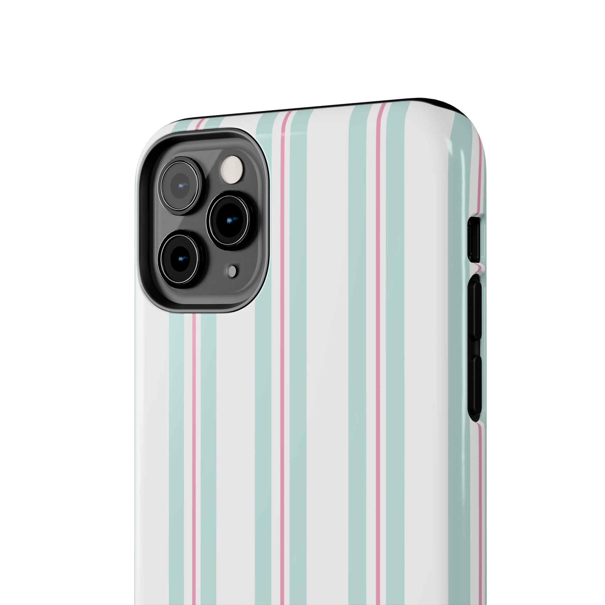 A mint and blush striped iPhone case with a glossy finish and soft inner layer brings pastel dorm aesthetics to life.