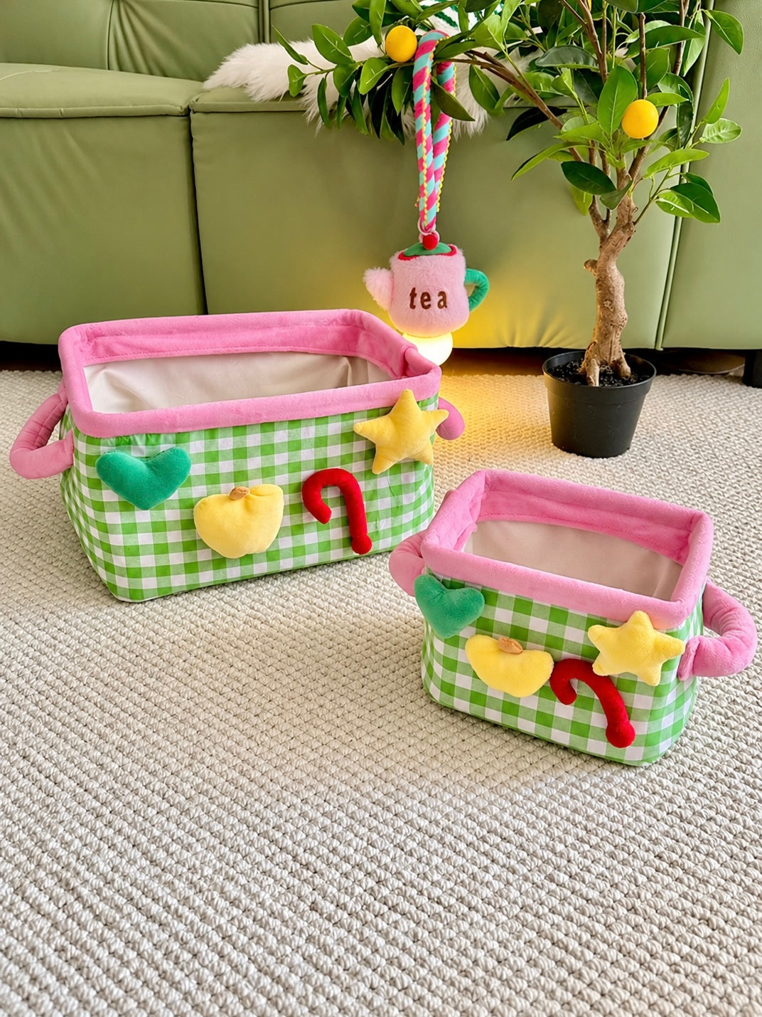 Green plaid storage basket with pink rim in a playful kawaii room setup