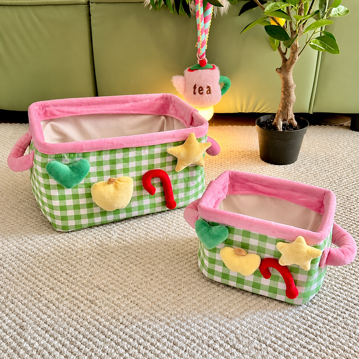 Green plaid storage basket set with small and medium sizes shown together