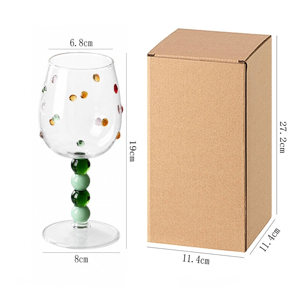 Green polka dot wine goblet with ball stem and product dimensions