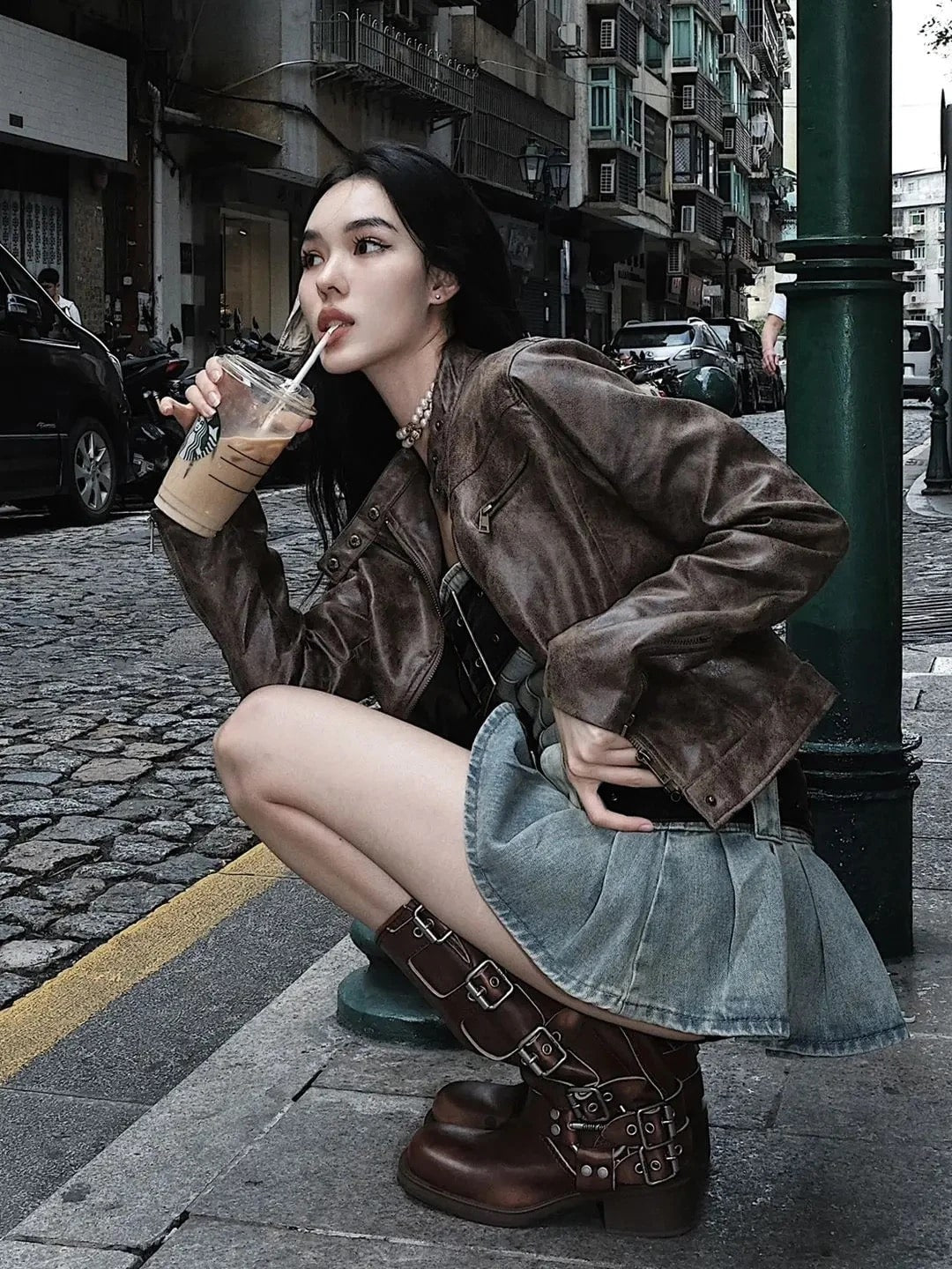 Grunge aesthetic Y2K denim dress featuring a strapless tube top design, pleated skirt, and retro belt for Korean Kpop-inspired looks.