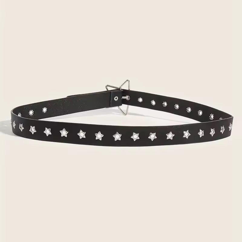 Black belt with star-shaped studs on a beige background