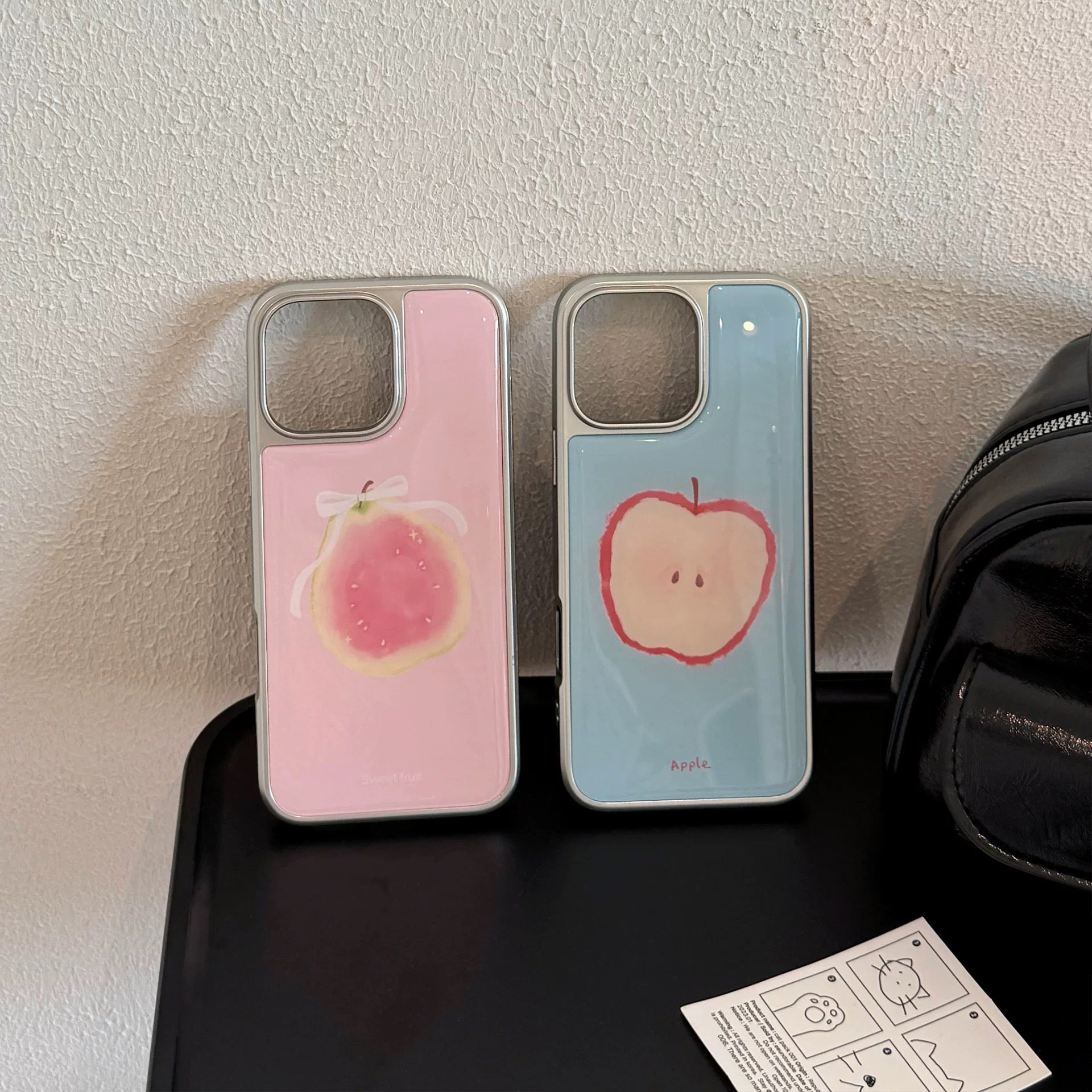 Cute pear iPhone case in Korean aesthetic with mint background, glossy finish and chrome trim.