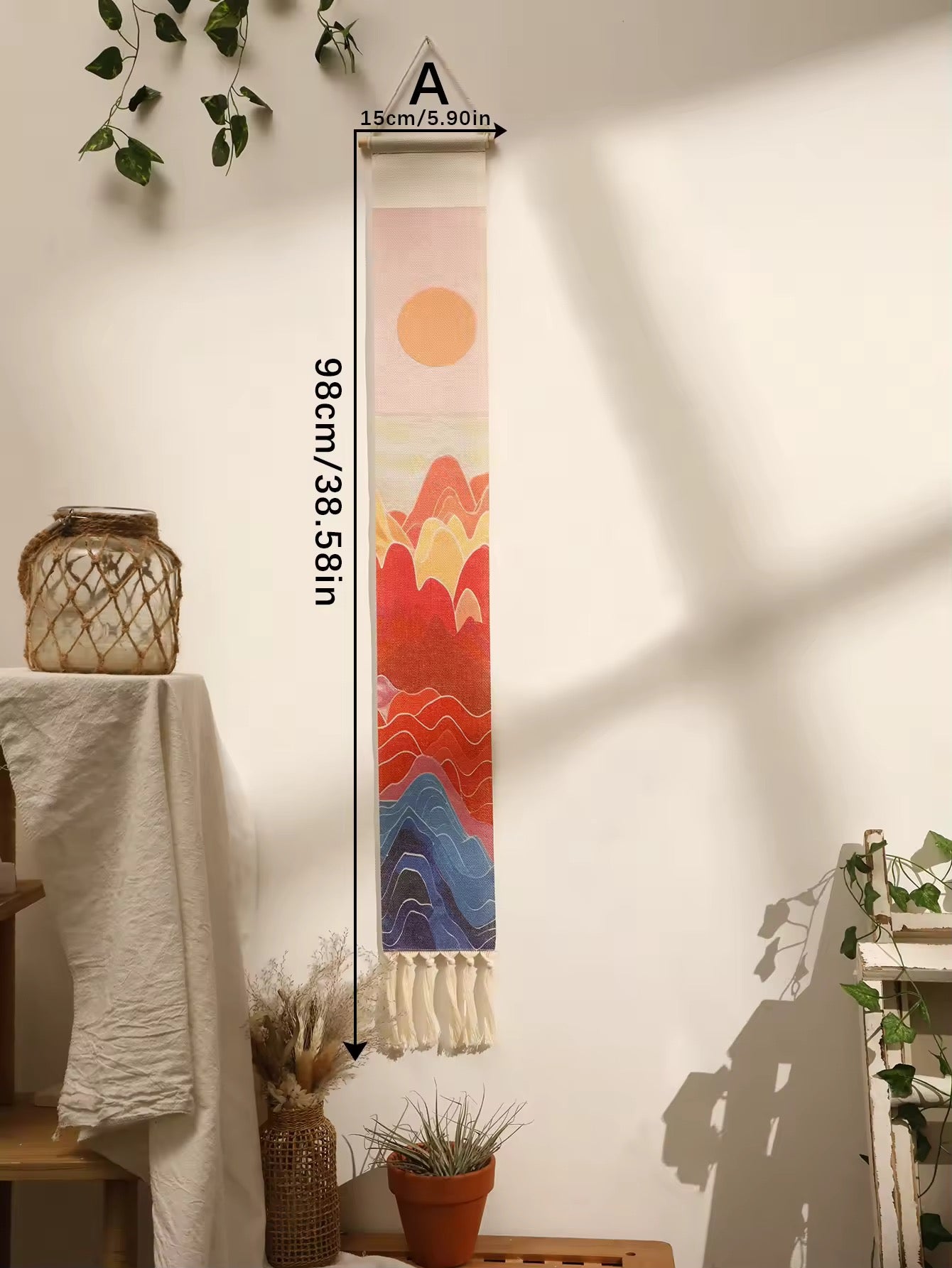Close-up of handmade tapestry with woven sunrise and sunset colors