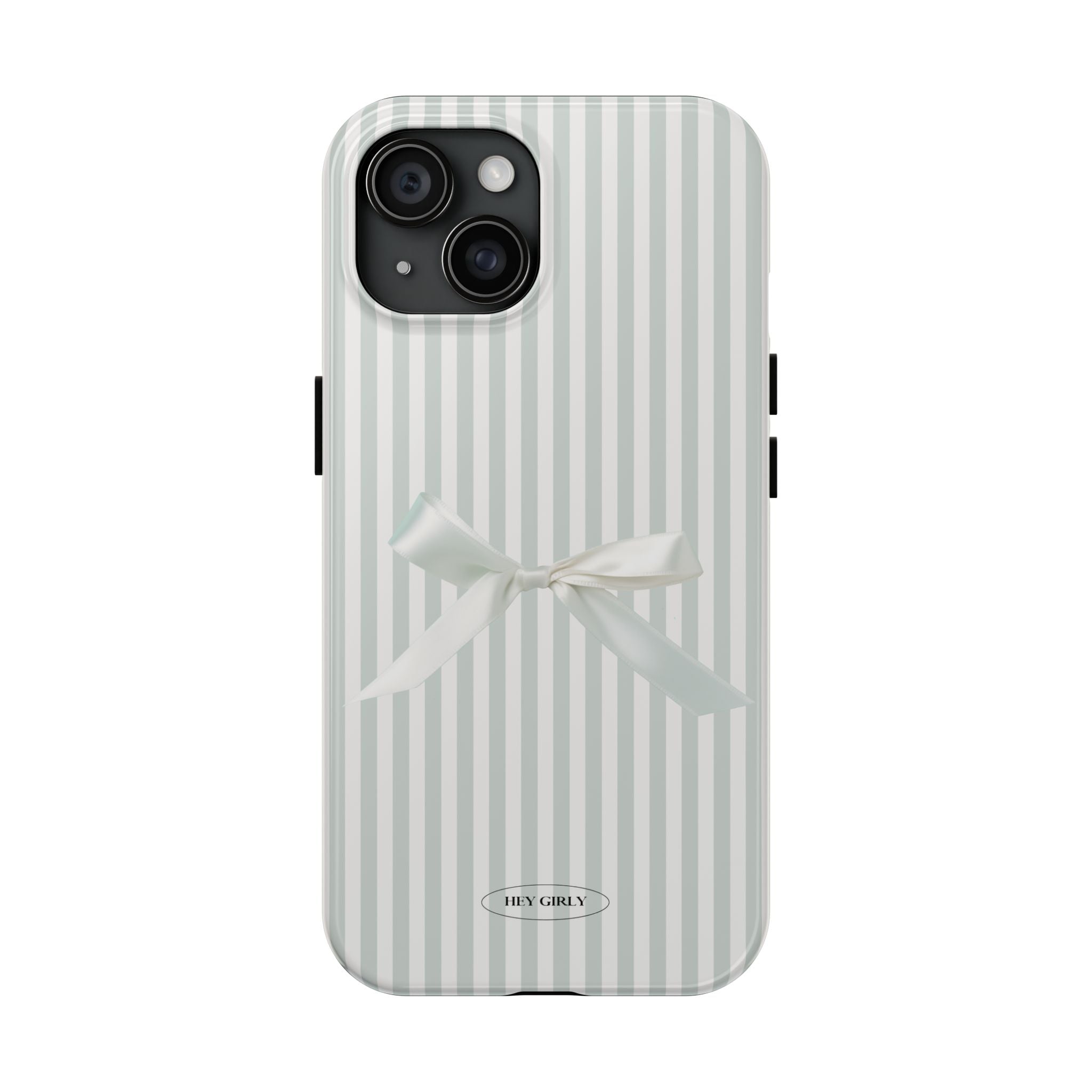 Phone case with striped design and bow detail on a white background