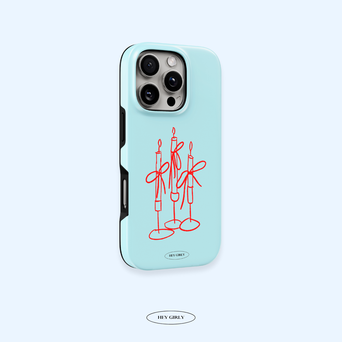 Phone case with red candle design on a light blue background