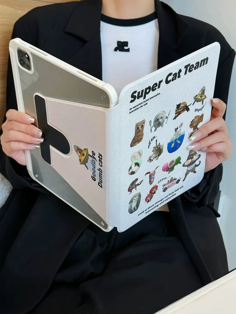 Funny iPad case with meme cats in costume — rotating smart stand design