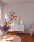 Eclectic retro tomato print trio styled in warm light for dopamine rooms.