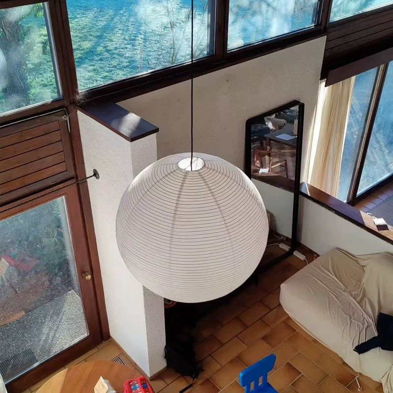 Japanese rice paper hanging lamp with minimalist round design, inspired by Noguchi, ideal for modern living rooms or tea rooms