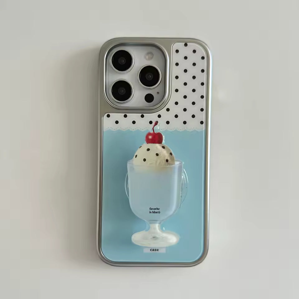 Phone case with ice cream design on a light gray background