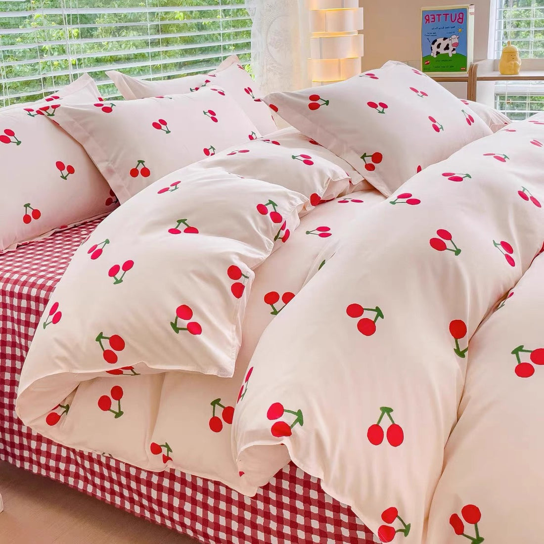 Cozy cherry bedding set with duvet cover and pillowcases for aesthetic bedrooms.