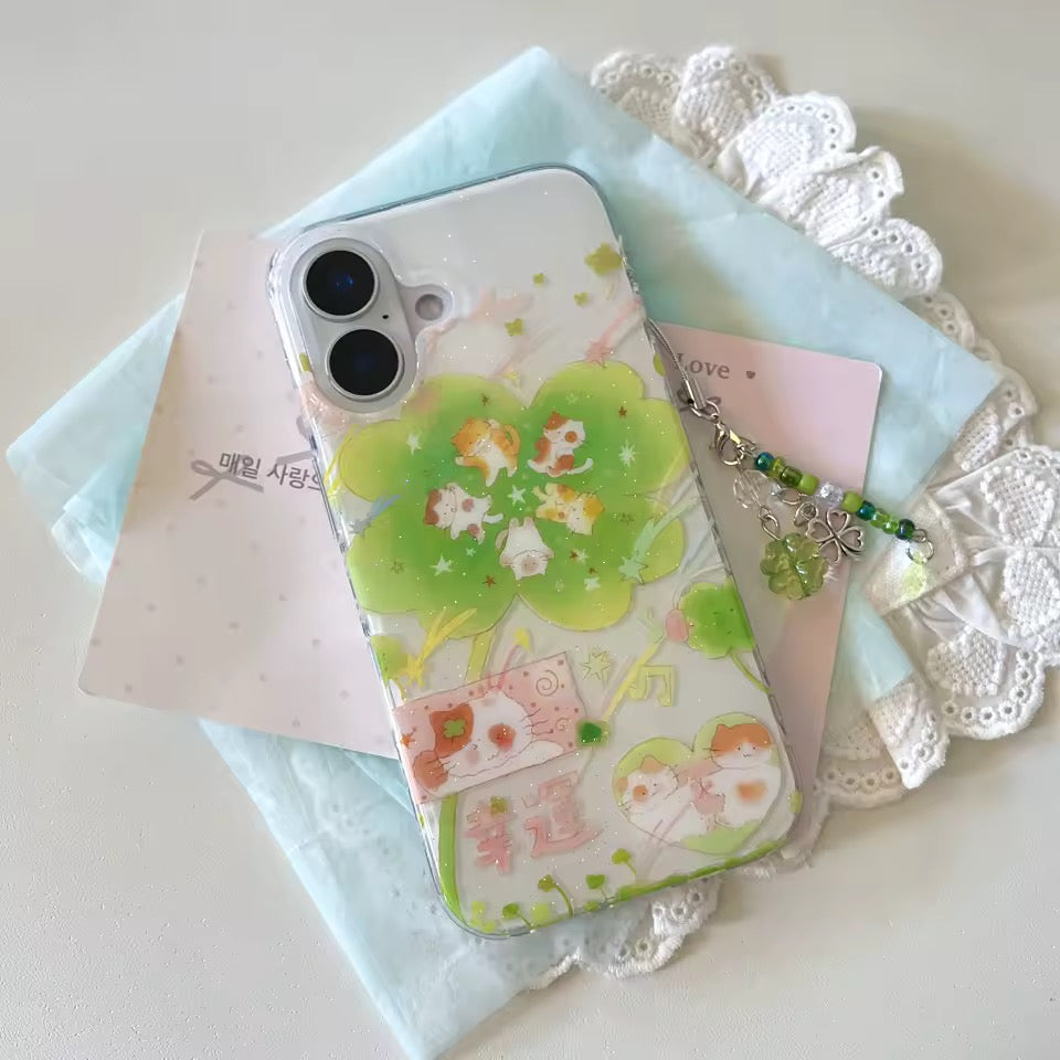 Kawaii lucky cat clover iPhone case with beaded charm