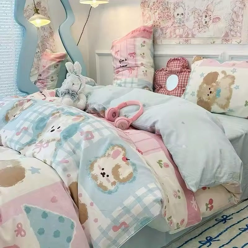Twin size bed adorned with Kawaii Puppy Bedding Set featuring cartoon dog prints.
