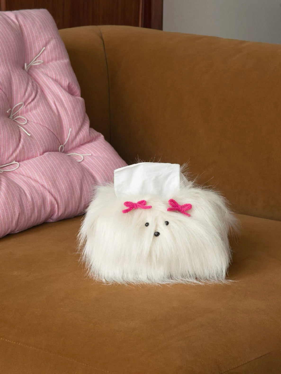 The Cream White cover adds a dog face and pink bows to a brown chair, a small detail for Kawaii room decor.