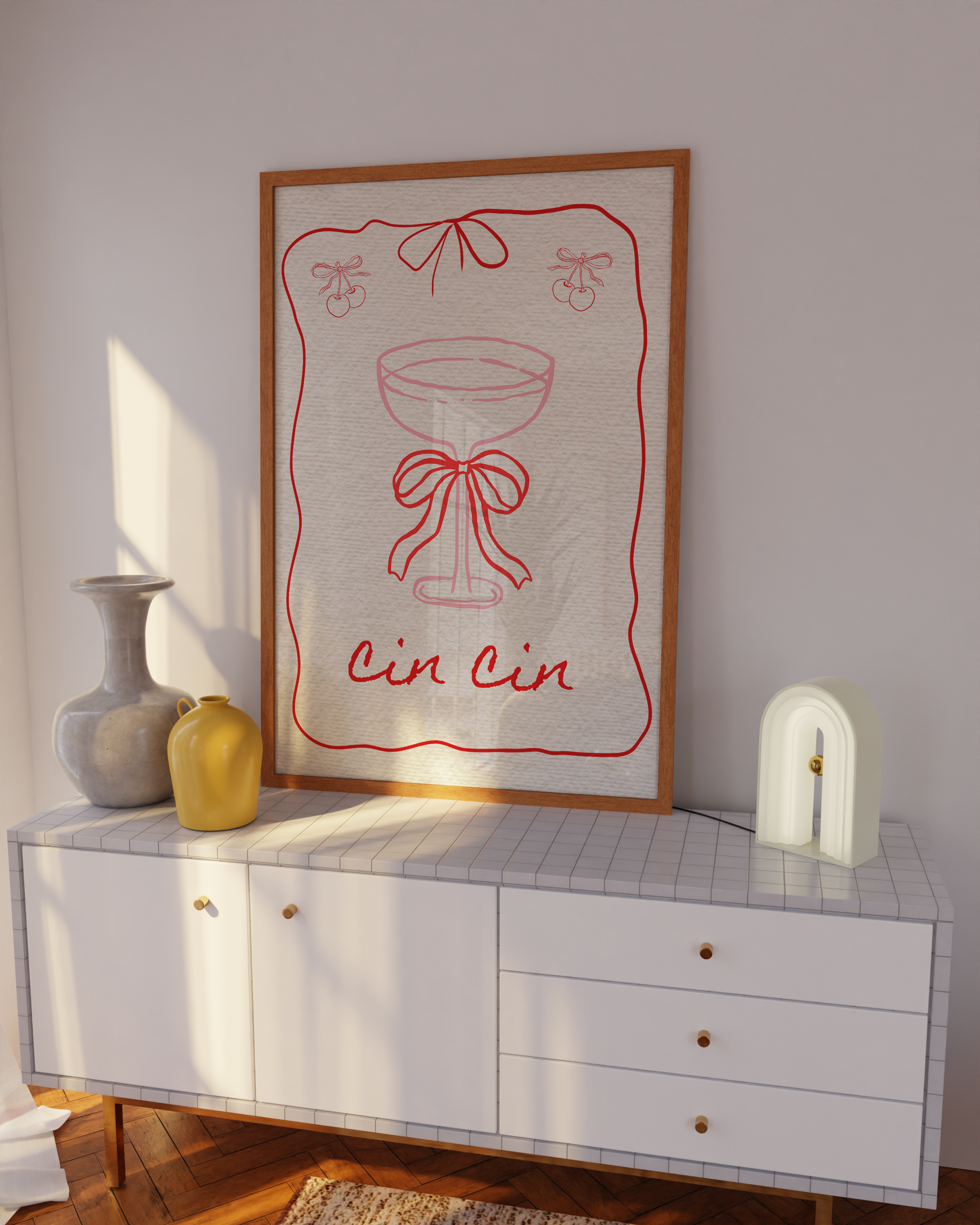 Red and pink typography print for bar cart or dorm room decor with retro wine vibe