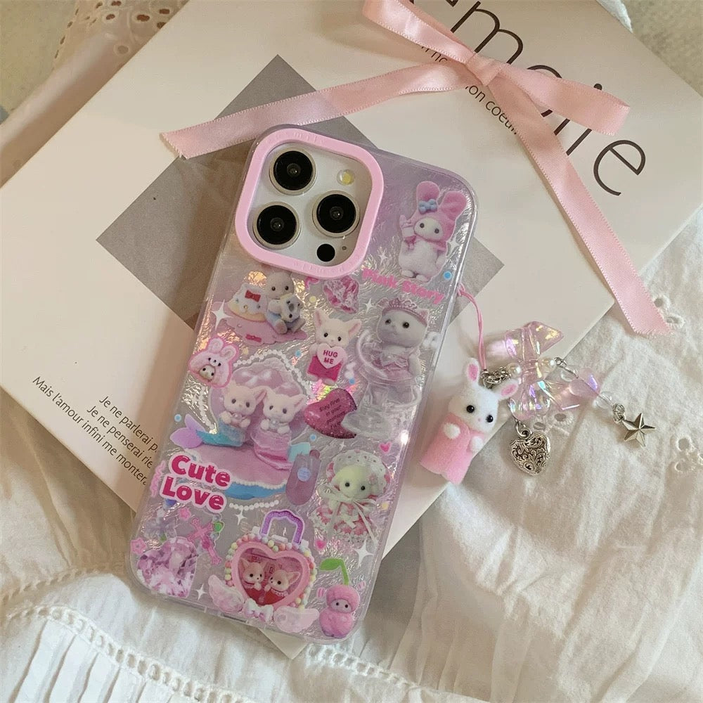 Kawaii pink kitty iPhone case with 3D plush cat and laser design