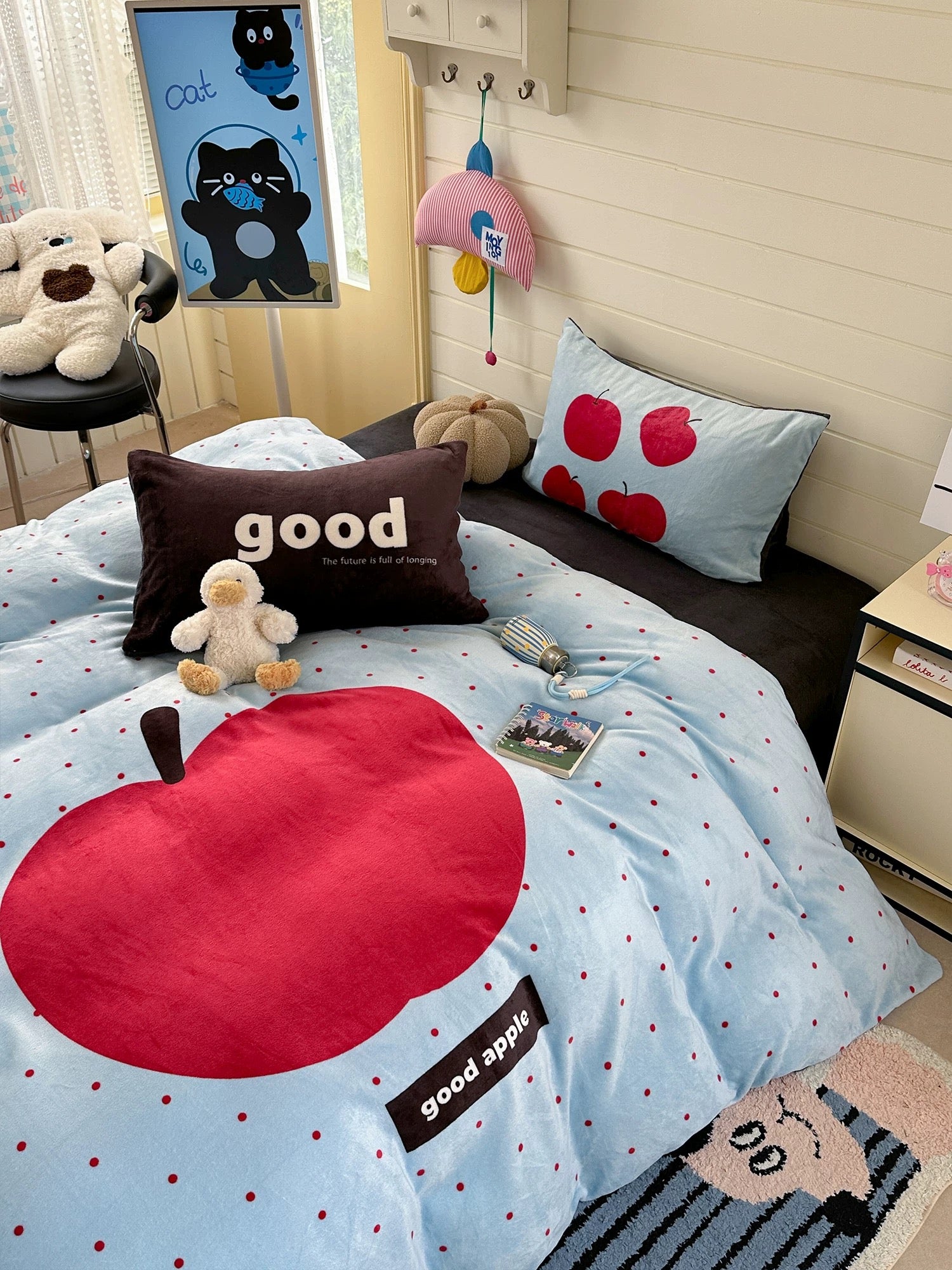 Korean style apple milk fleece bedding set styled for aesthetic dorm room winter decor