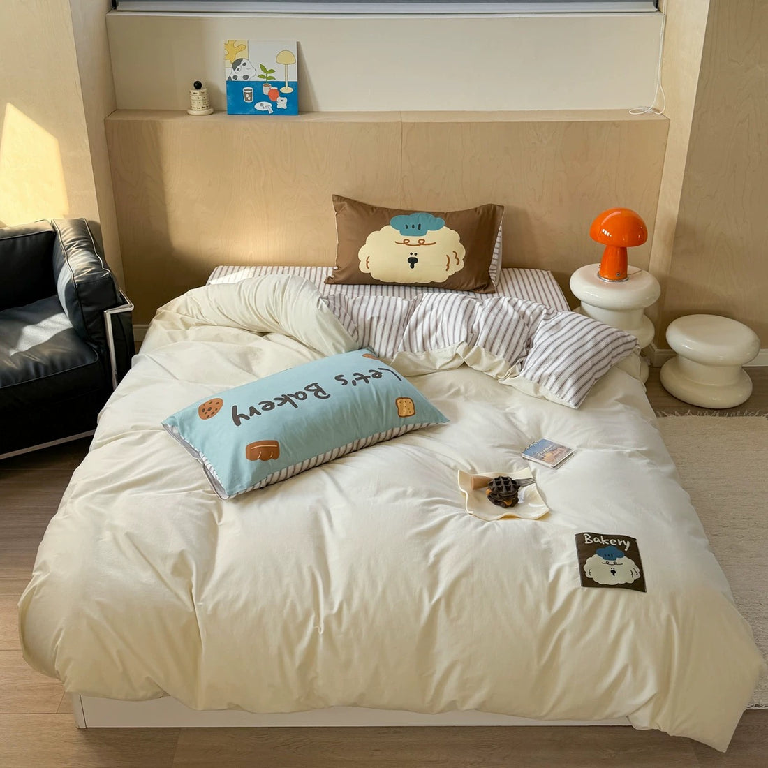 Close-up of kawaii dog embroidery on soft cotton duvet cover