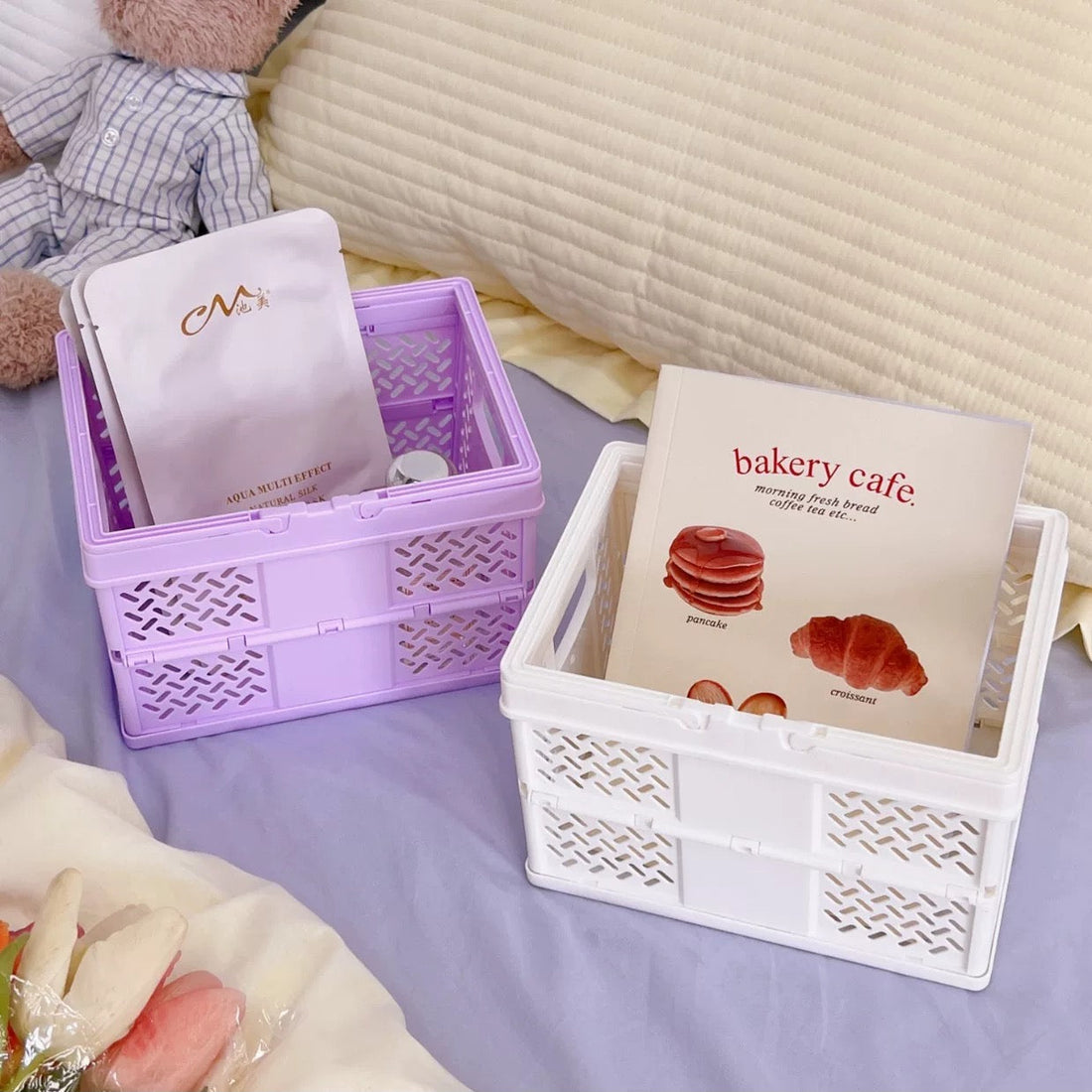 Home accessories setup with stackable organizers in Korean-inspired room