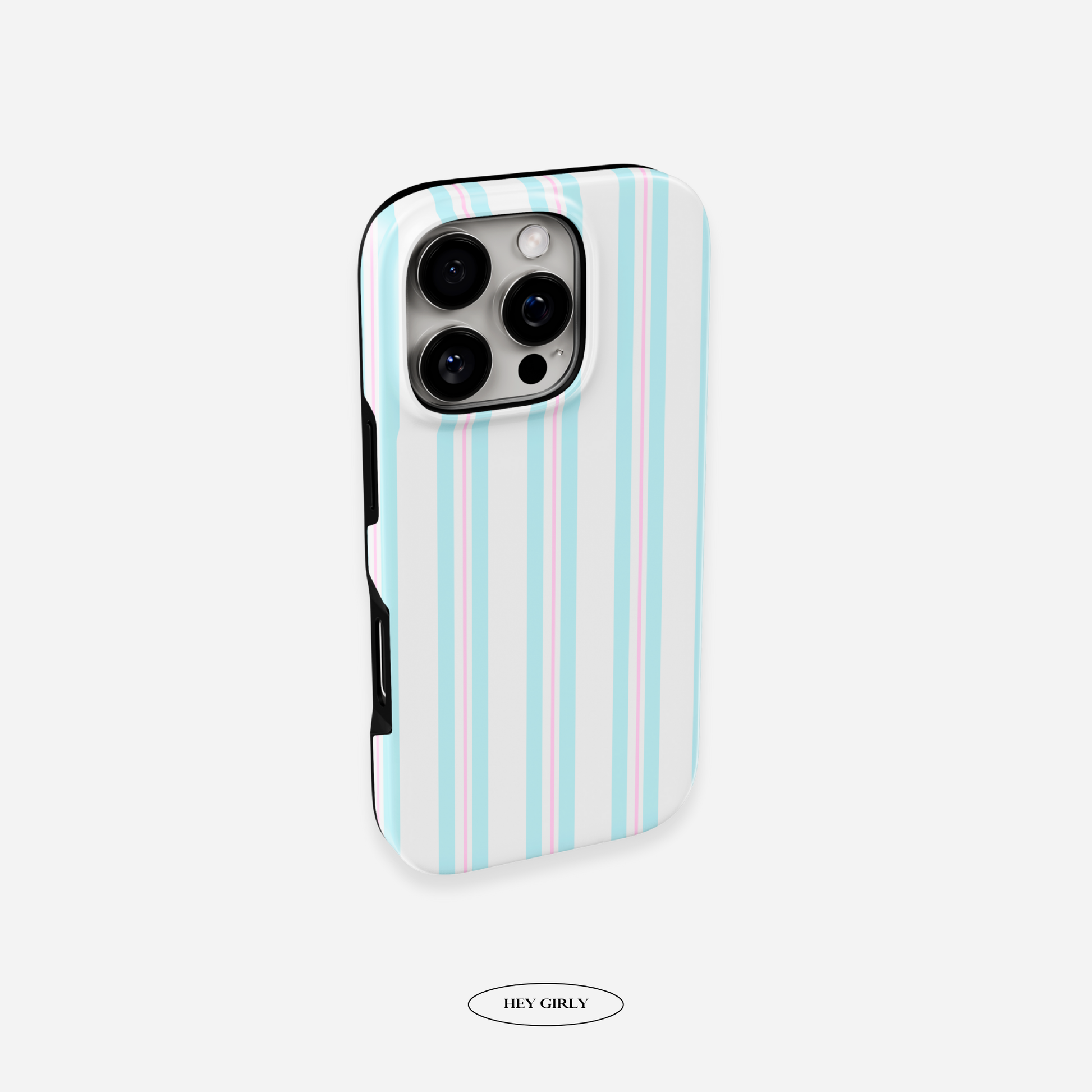 Phone case with blue and white striped design on a light gray background