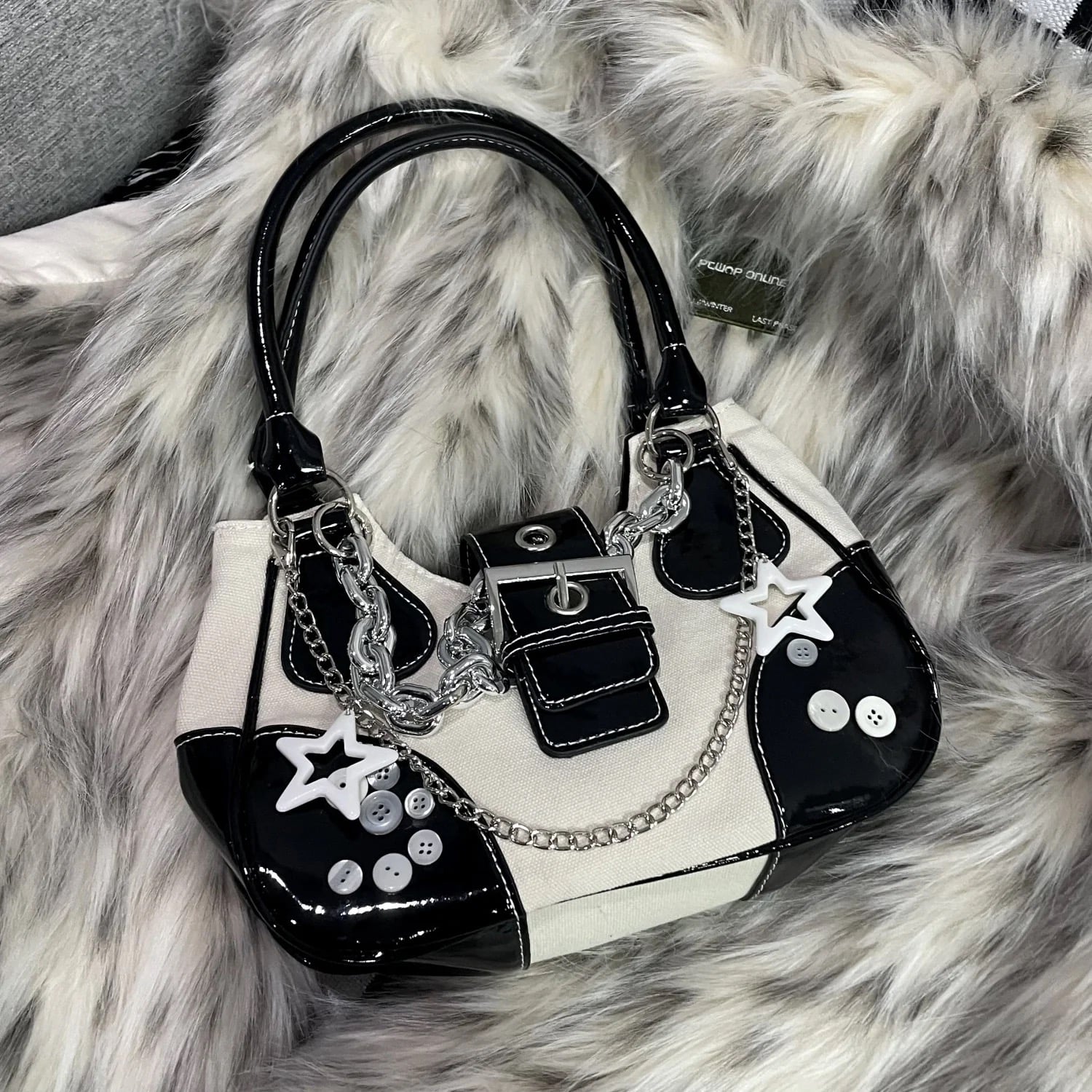 Harajuku-inspired Gothic white bag with patent leather. Y2K crossbody tote with chain and adjustable strap for trendy spicy girl fashion.