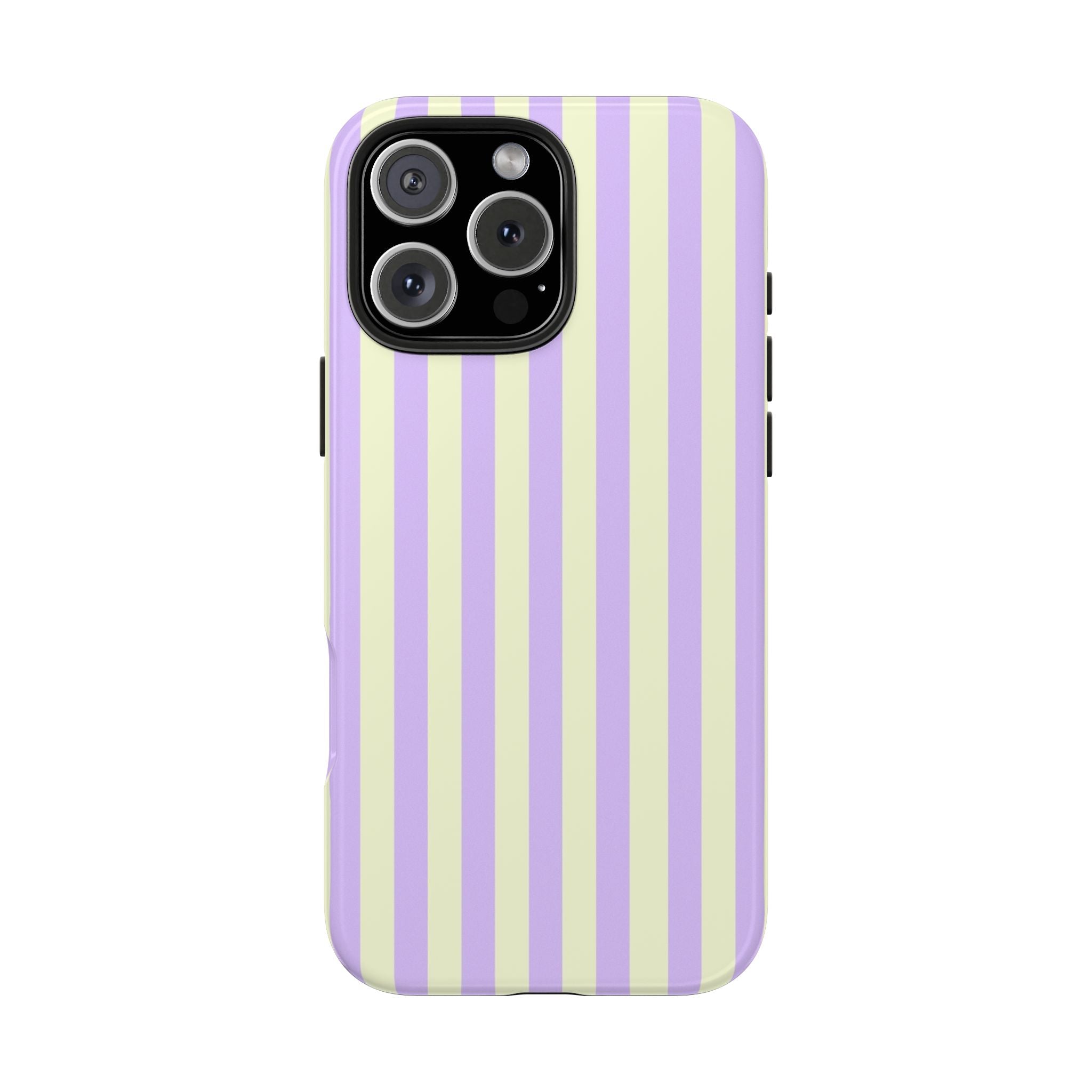 Phone case with purple and yellow vertical stripes on a white background