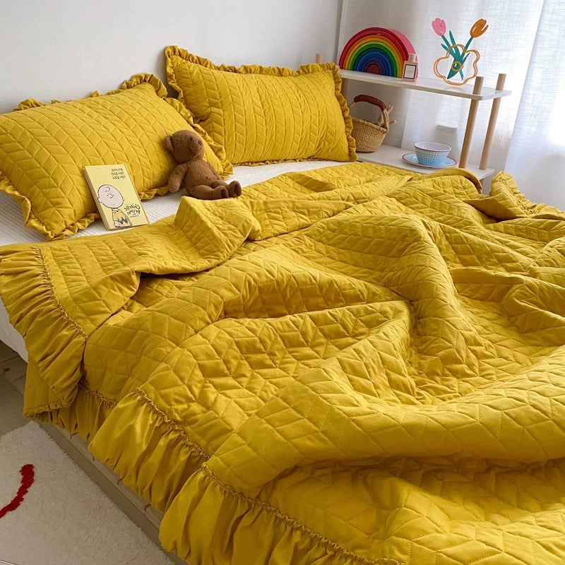 Lightweight quilted ruffle bedding for soft girl room decor