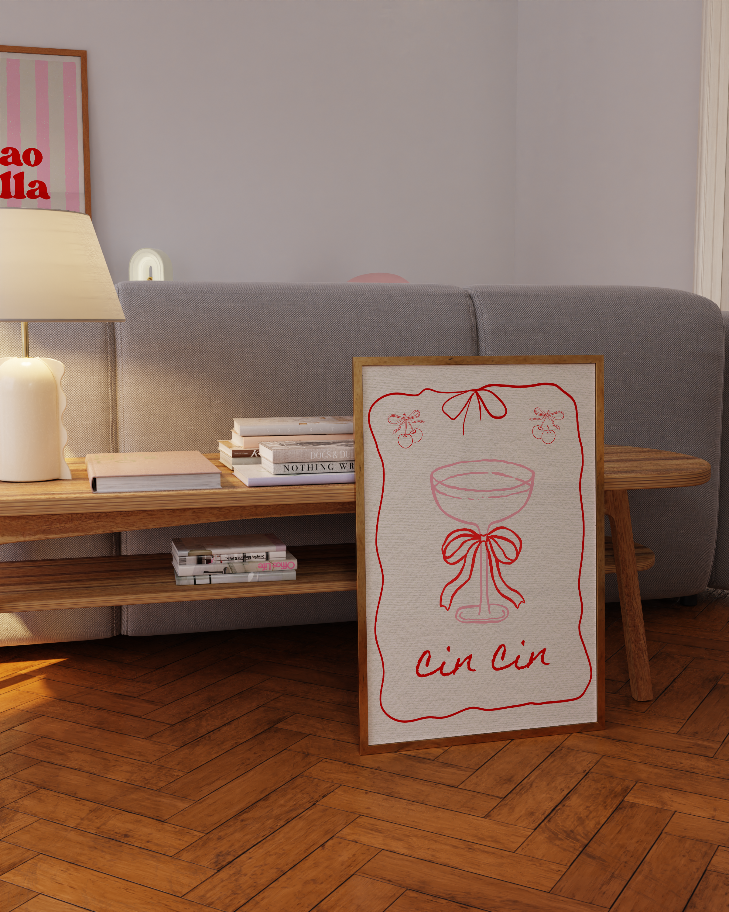 Set of 3 pink and red cocktail prints with vintage aesthetic for kitchen or bar wall styling