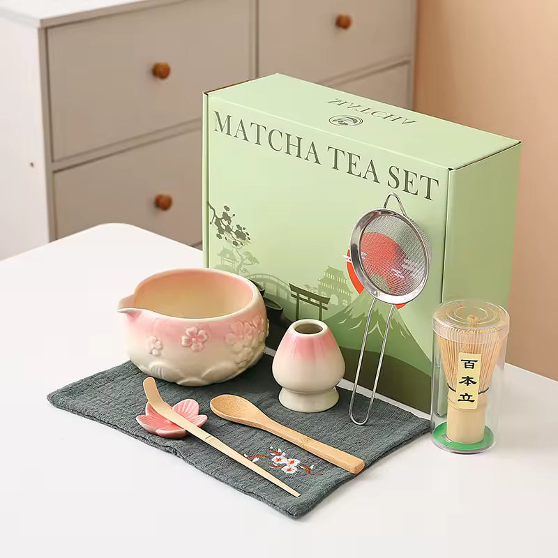 Matcha tea set with a green box labeled 'Matcha Tea Set' on a white surface.