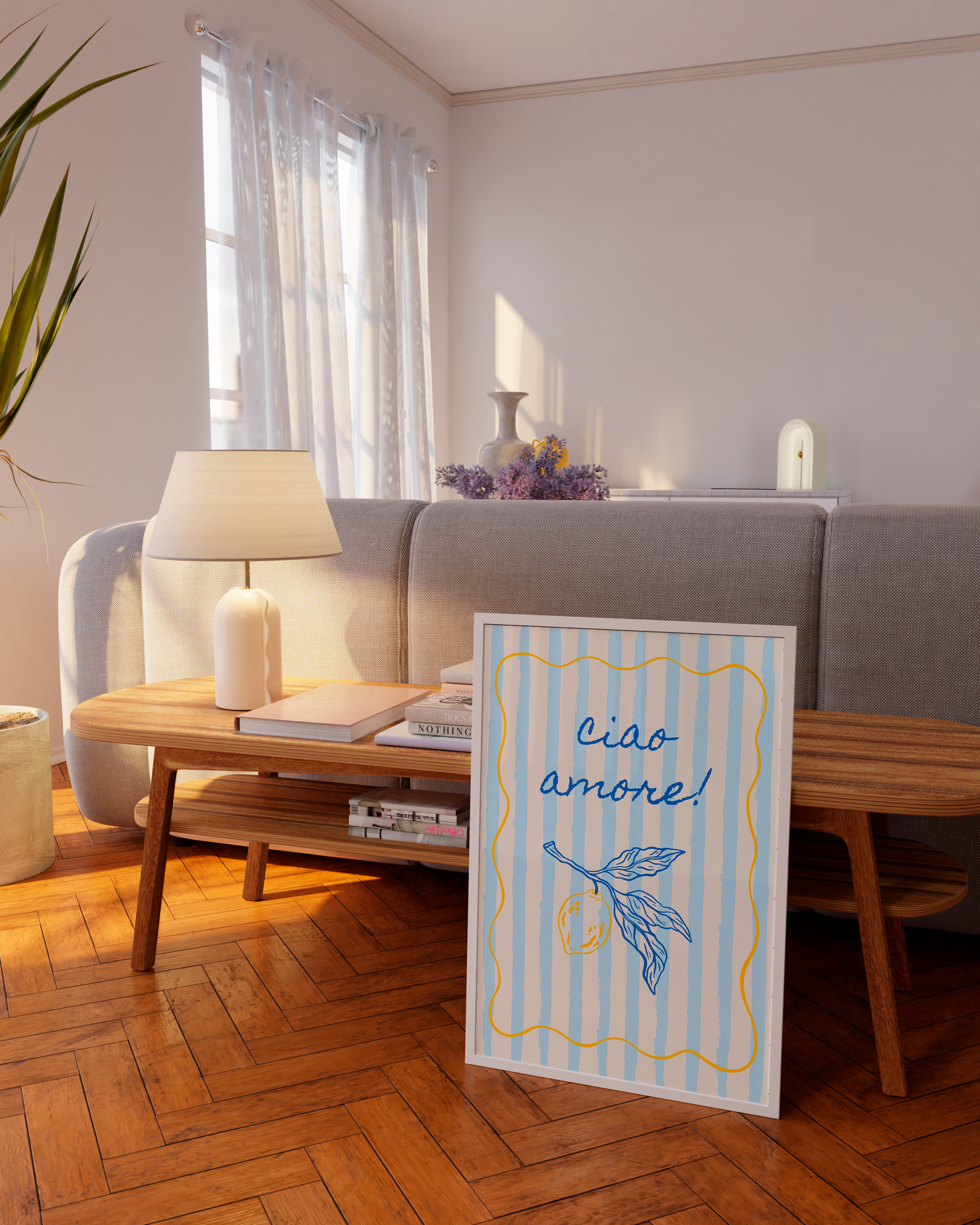 Italian quote wall art with retro travel theme and yellow fruit illustration
