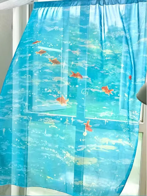 Sheer curtain with fish pattern on a blue background