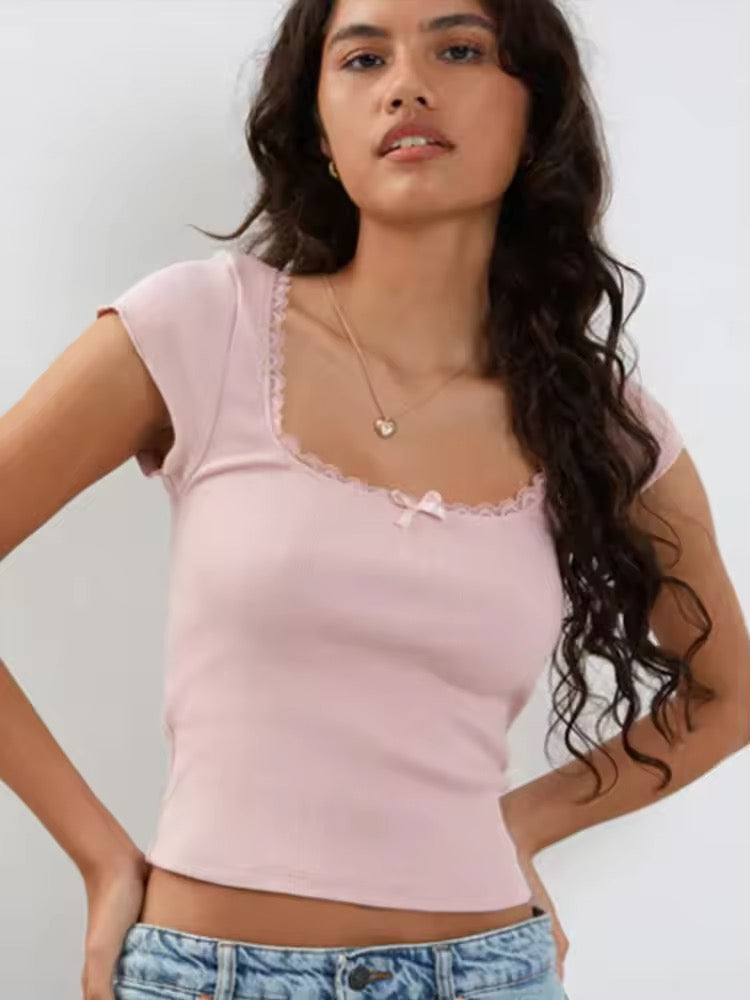 Summer Y2K crop top with lace trim and fairycore style. Knitted baby tee with square collar design for vintage looks.