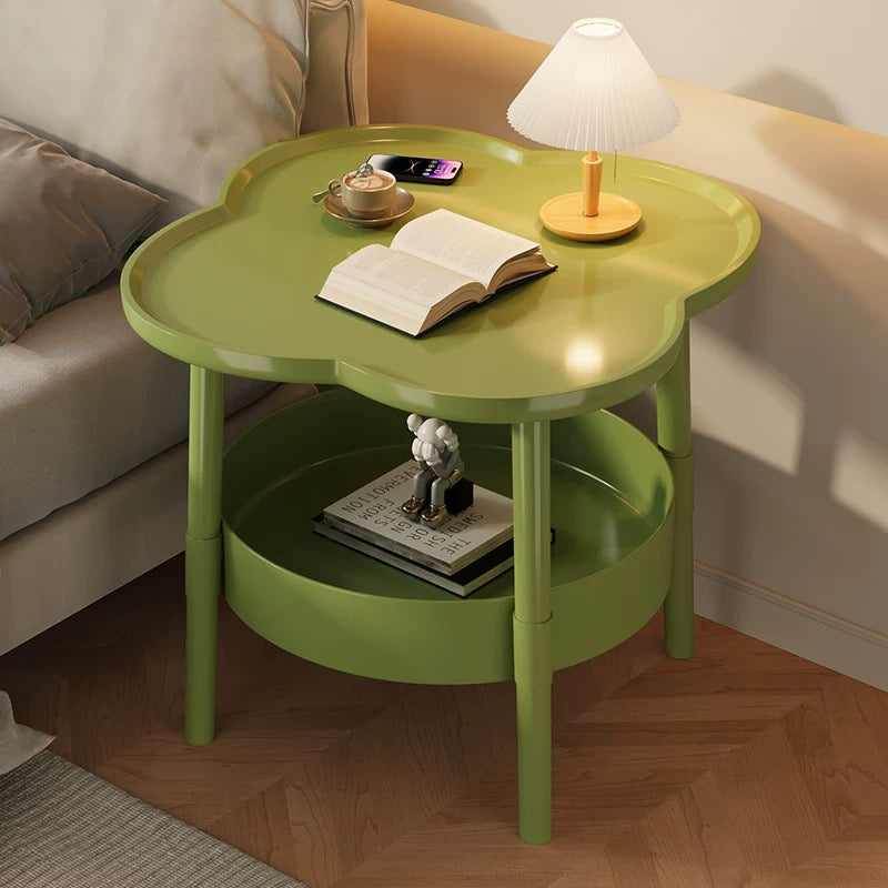 Minimalist round corner table in cream tone, placed in cozy beige interior