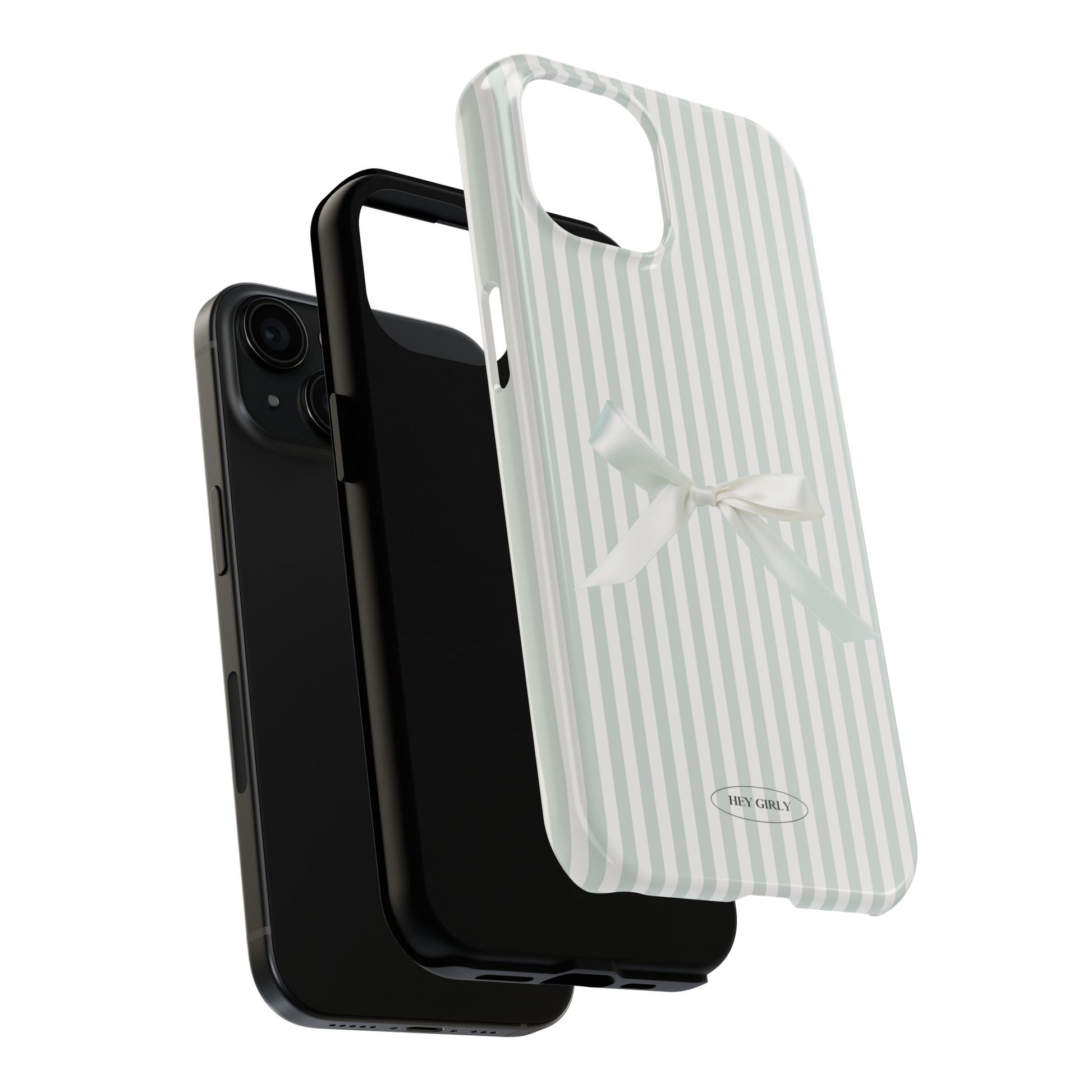 Black and white phone cases with a brand logo on a white background