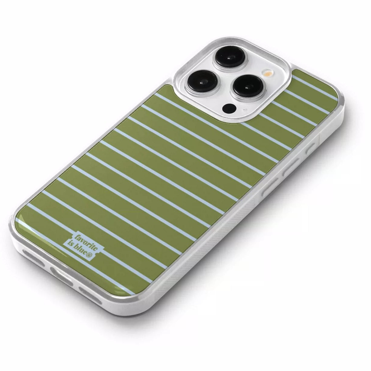 Green striped phone case with a brand logo on a white background