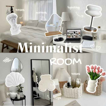 Collage of a minimalist room with furniture and decor elements labeled.